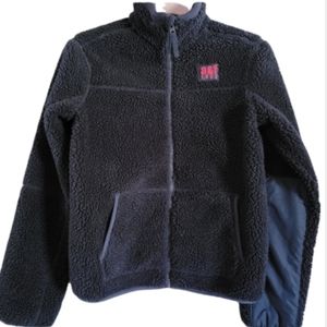 Abercrombie Fitch Sherpa Teddy Bear Jacket Boys Large/14 Navy with Red Lining
